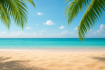 Peaceful tropical seashore with golden sand, turquoise sea, and palm tree shadows.