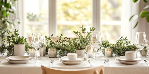 Elegant Botanical Table Setting with White Dishes Glassware and Green Foliage in Bright Dining Room