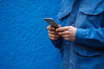 Man holding smartphone against textured blue wall hands mobile