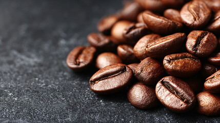 Naklejka premium Macro shot of roasted coffee bean heap on dark surface. Fresh coffee seed background for drink menu design.