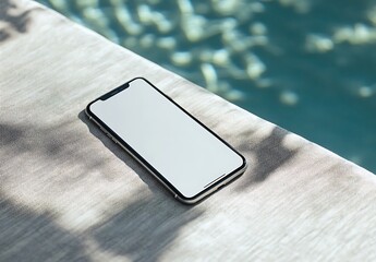 Modern smartphone resting on textured fabric beside shimmering water mobile phone technology