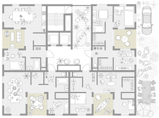 Fantasy apartment architectural design top view drawing sample