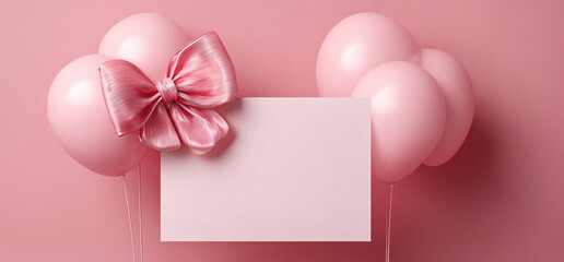 Blank card in front of pink balloons with a shiny bow. Festive background for party invitation or greeting card.