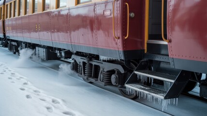 Obraz premium Vintage train in snow with icicles on wheels and steps in winter scene
