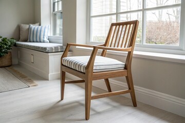 Wooden dining chair with striped cushion in cozy window nook interior with natural light

