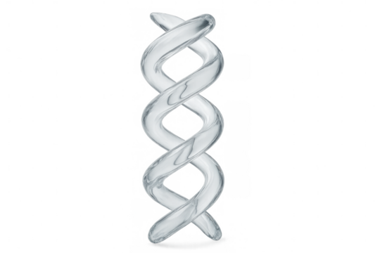 Spinning glass dna helix model, symbolizing genetic research and molecular biology on clear background