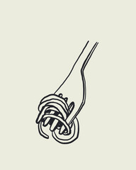 Doodle sketch vector of fork with twisted spaghetti pasta, hand-drawn Italian food illustration, dolce vita concept