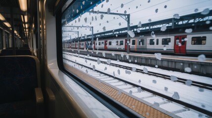 Winter scene from train window overlooking snow-covered railway station