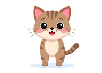 Smiling cartoon cat with big eyes and tiny paws, sitting happily on a white background.