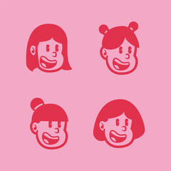 Cartoon vector of four angry girl faces with different hairstyles in bold red on pink background. Fun and expressive character set for branding, emoji, or mascot use. EPS file