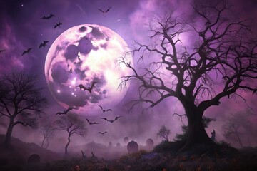 Spooky halloween night with bats flying under a giant purple moon