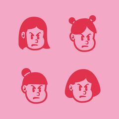 Cartoon vector of four angry girl faces with different hairstyles in bold red on pink background. Fun and expressive character set for branding, emoji, or mascot use. EPS file