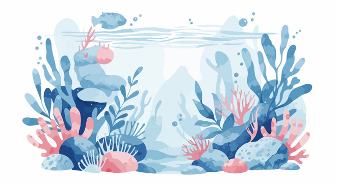 A delicate watercolor inspired by the underwater world of coral reefs, rendered in soft shapes and dreamy ocean hues