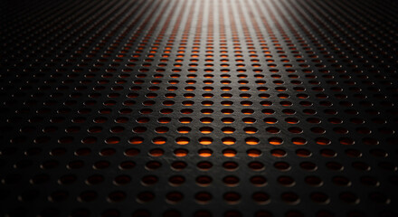 A dark metal background features a repeating pattern of small circular holes lit from below with warm orange light