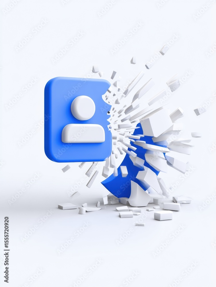 Poster A user icon shatters dramatically, scattering fragments everywhere, symbolizing a major system crash in digital environments.