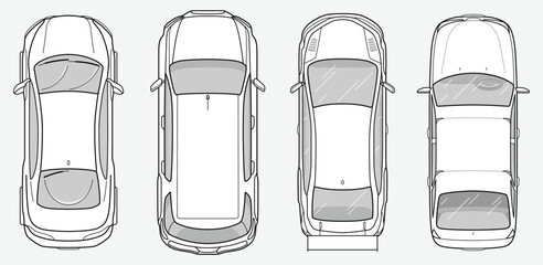 Set of model car sedan in top view. Taxi and ambulance car. Vehicles for planing architectural entourage. City transport in above view. Vector automotive collection