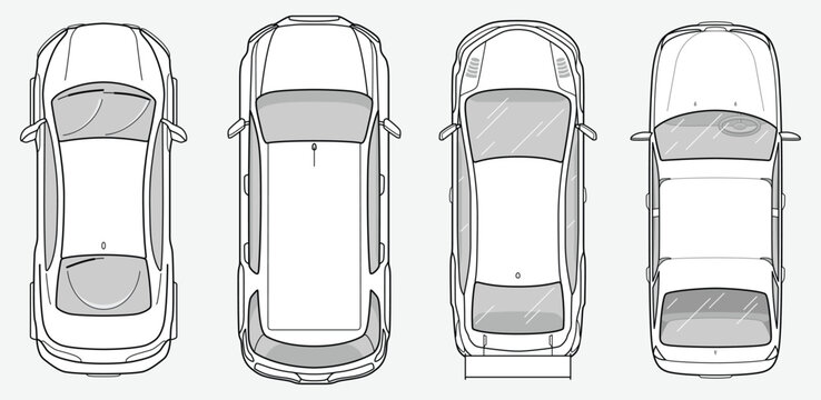 Set of model car sedan in top view. Taxi and ambulance car. Vehicles for planing architectural entourage. City transport in above view. Vector automotive collection