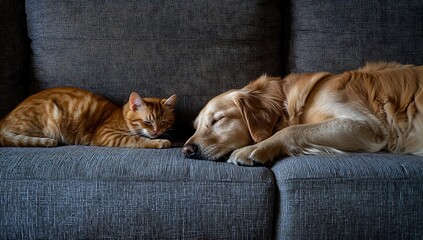 Orange tabby cat and golden retriever dog sleeping peacefully on a sofa napping