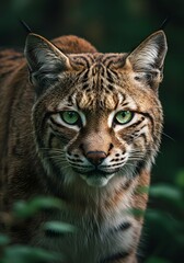 Fototapeta premium Close up portrait of a majestic lynx with striking green eyes, peering intently from a lush green forest, showcasing its wild beauty and natural camouflage within its habitat