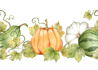Hand-Painted Autumn Pumpkin and Gourd Seamless Border