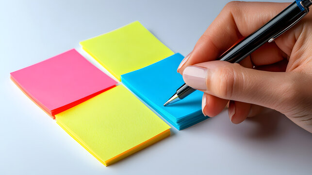 Person writing on colorful sticky notes while organizing ideas and tasks, close-up  - Powered by Adobe