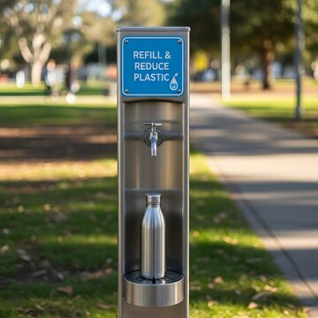 Stainless steel water refill station in a park, encouraging plastic reduction.