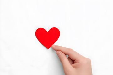 Obraz premium Hand reaching for red paper heart isolated on white. Love, kindness, and giving gesture, symbolic emotional connection. 