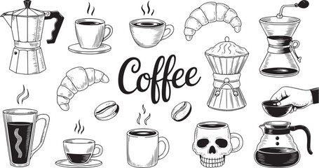 "Hand-Drawn Coffee Illustration Collection – Vintage Coffee Cups, Mugs, Beans, Brewing Tools & Barista Art for Branding, Packaging, Menus & Café Decor"

