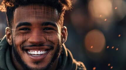 Headshot of a football player with digital computerized lines overlaying and diagramming his face