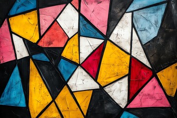 Fototapeta premium Colorful Abstract Geometric Pattern on Wall with Bright Colors and Sharp Lines