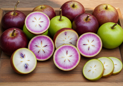 Assortment of fresh star apples and green apples on wooden tray
