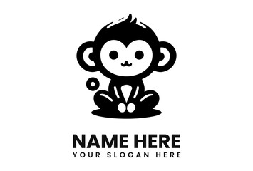 Adorable cartoon monkey logo design, sitting, black silhouette, simple style.