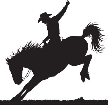 Silhouette of a cowboy riding a bucking bronc horse with gesture of triumph.