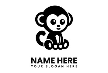 A stylized, cartoon monkey sits with a curled tail, featuring large eyes and a friendly expression.