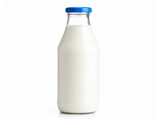 Fresh Milk in Glass Bottle with Blue Cap on White Background
