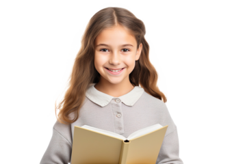 Smiling young student girl with book on a transparent background