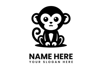 Adorable cartoon monkey logo design, black silhouette, simple, cute primate.