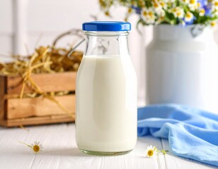 Glass Milk Bottle with Flowers, Hay, and Blue Cloth Backdrop