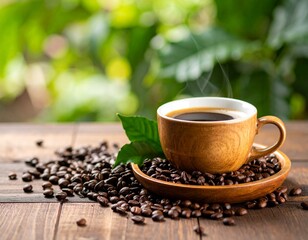 Steaming Coffee Cup on Wooden Table with Green Background