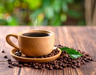 Steaming Hot Coffee in Wooden Cup with Beans on Table