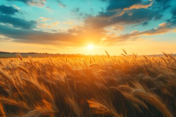 Obraz premium Golden Wheat Field Sunset with Bright Sky and Fluffy Clouds