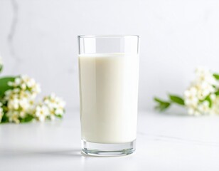 Glass of Milk with White Flowers and Marble Background