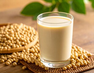 Glass of Soy Milk with Soybeans and Wooden Background