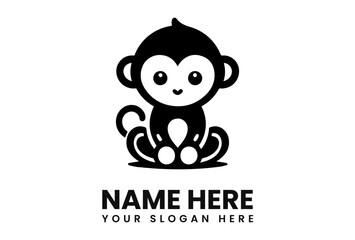 A stylized, black and white illustration of a cute, seated monkey logo.