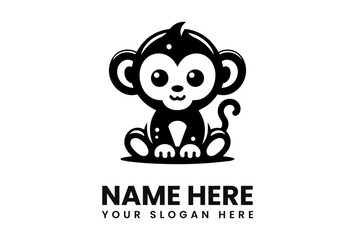 A cute, cartoonish monkey sitting, with a friendly expression, and a logo below.