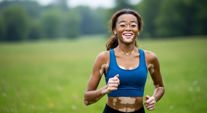 Vetiligo Woman Jogging Outdoors with Smile - Powered by Adobe