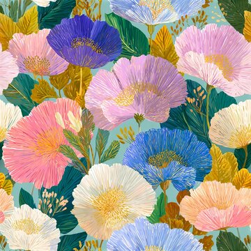 Seamless pattern showcasing colorful gouache blooms with a modern chintz vibe, refined brushwork and balanced repeat