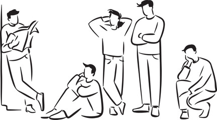Stylized line art illustrations of men in various poses and contemplative actions