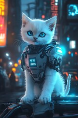 White kitten mecha suit blue eyes futuristic