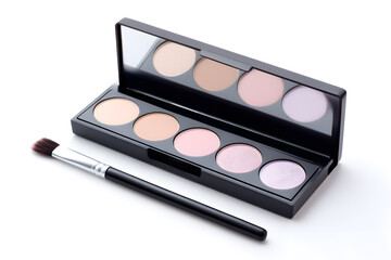 Open pastel eyeshadow palette with brush and mirror. Makeup palette in soft pastel colors, shown open with a brush and mirror. Beauty product isolated on white, ideal for cosmetic and fashion content.